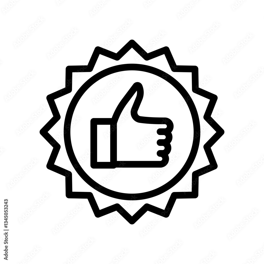 Black and White Badge Icon with Thumbs-Up Symbol in Outline Style. The design suggests approval, quality, and achievement. Black and White Badge Icon with Thumbs-Up Symbol in Outline Style. The design suggests approval, quality, and achievement.