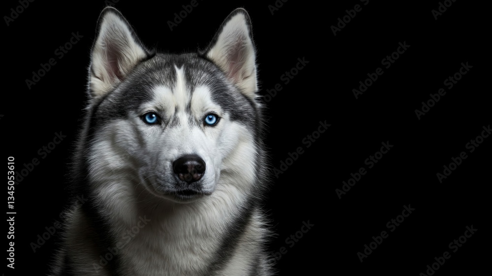 Portrait of a Husky dog on a black background, showcasing its striking blue eyes. Great for dog, breed, and winter-themed designs.
Portrait of a Husky dog on a black background, showcasing its striking blue eyes. Great for dog, breed, and winter-themed designs.