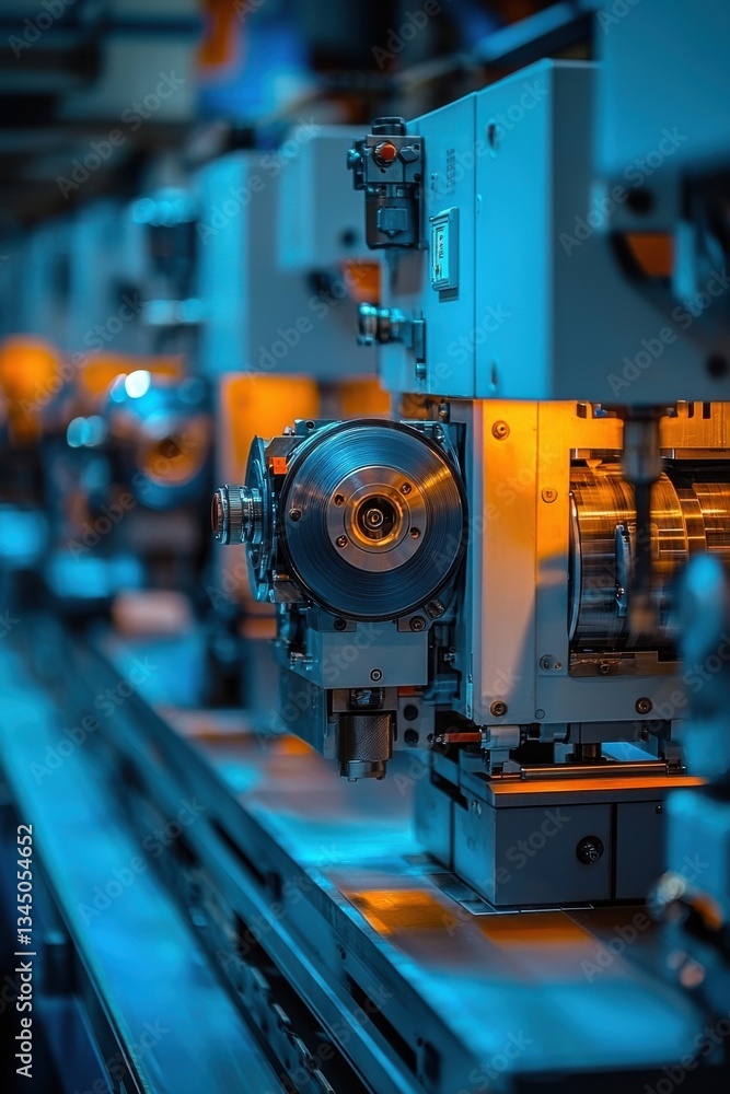 Fototapeta premium Advanced machinery operating in a factory setting with intricate details illuminated by soft lighting
