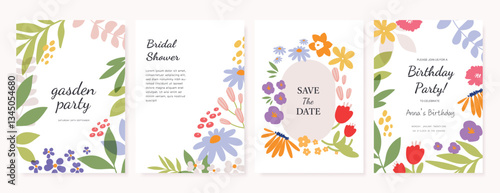 Spring  Floral  invitation card background vector. Minimal hand drawn botanical flowers template background. Design illustration for wedding, vip cover, poster, rsvp modern card, birthday party.