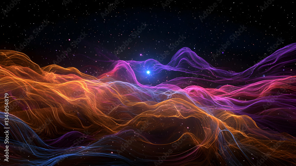 Obraz premium Abstract Digital Landscape Of Orange And Purple Pixelated Mountains With Starry Background