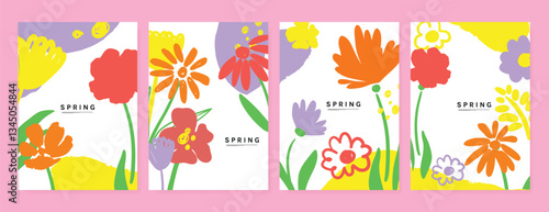 Spring  Floral  invitation card background vector. Minimal hand drawn botanical flowers template background. Design illustration for wedding, vip cover, poster, rsvp modern card, birthday party.
