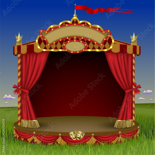 Open round theatre stage under circus tent with red curtain and signs among summer green meadow and blue sky. Art and theater poster design template. Vector illustration in 3d style