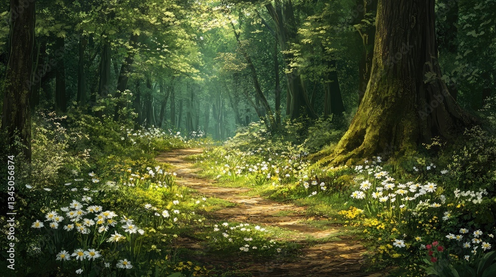 Obraz premium Serene Forest Pathway Surrounded by Lush Greenery and Vibrant Wildflowers in Morning Light