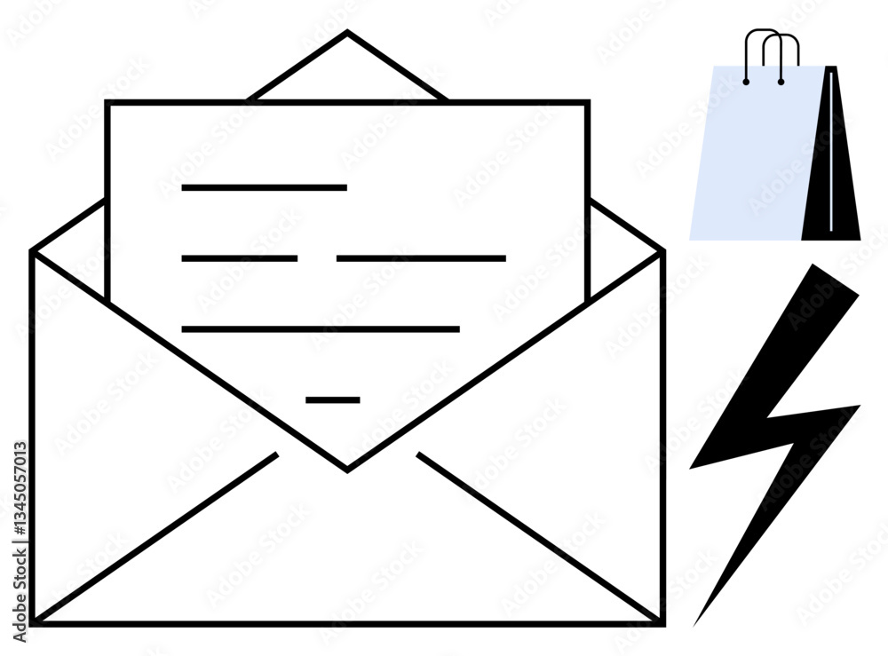 Open envelope with letter insert, minimalistic shopping bag, stylized lightning bolt suggesting energy. Ideal for messaging, communication, marketing, shopping, delivery, electricity energy Open envelope with letter insert, minimalistic shopping bag, stylized lightning bolt suggesting energy. Ideal for messaging, communication, marketing, shopping, delivery, electricity energy