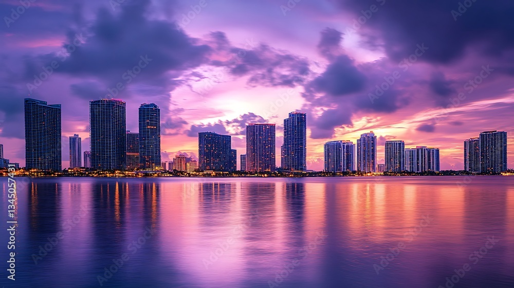 Fototapeta premium Miami Skyline Sunset: A Breathtaking Panorama of Cityscape and Water Reflection