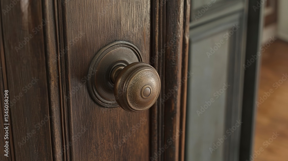 Close-up of a decorative door handle on a wooden door Close-up of a decorative door handle on a wooden door