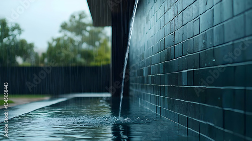 Rain Falling Over Dark Grey Tiles Water Feature