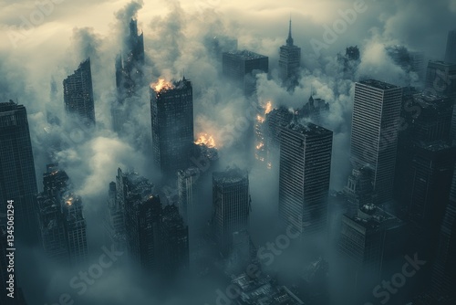 Urban devastation unfolds in a foggy cityscape with burning skyscrapers and smoke at dawn