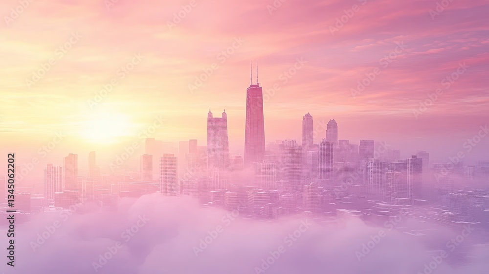 Fototapeta premium City skyline rising from a bed of soft pink clouds