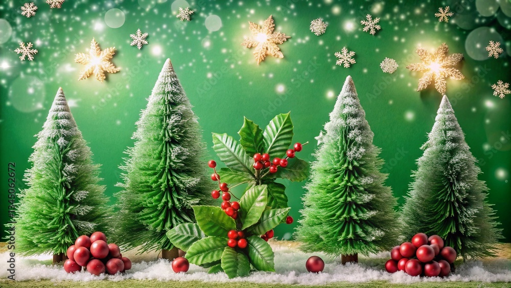 Cozy Christmas scene with cute pines, bright green background, merry snowflakes, and festive holly accents Cozy Christmas scene with cute pines, bright green background, merry snowflakes, and festive holly accents