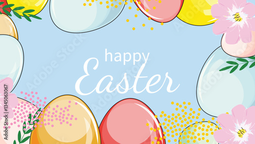 Whimsical horizontal template with Easter eggs and floral motifs for cheerful designs