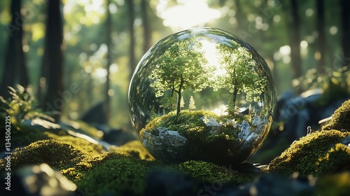 Bäume in Glaskugel, abgeschlossenes Ökosystem zur nachhaltigen Wirtschaft mit der Umwelt