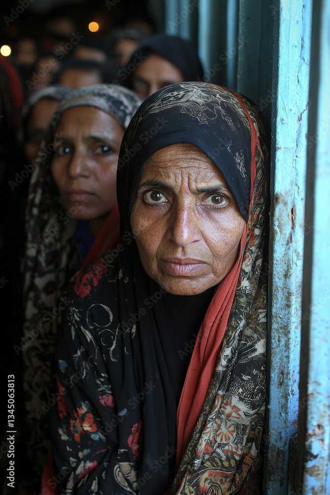 Fototapeta premium Women in traditional attire express concern while waiting in a crowded setting during an evening gathering