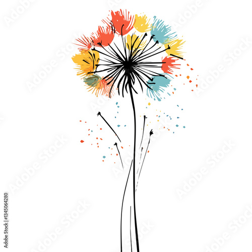 A Hand-drawn painting of a colorful Dandelion. flower branch flower. Trendy abstract minimal style, plant set, Natural fresh. Vector illustration isolated on white background, vector illustration, Eps
