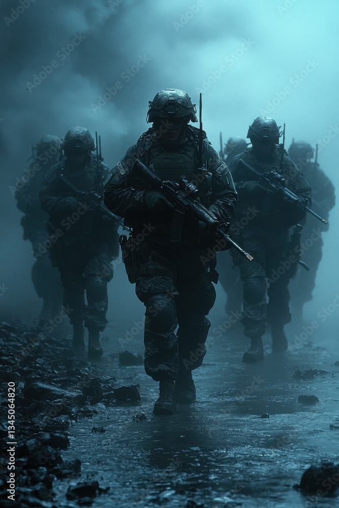 Soldiers march through fog in tactical formation during a night operation in a dense urban environment Soldiers march through fog in tactical formation during a night operation in a dense urban environment