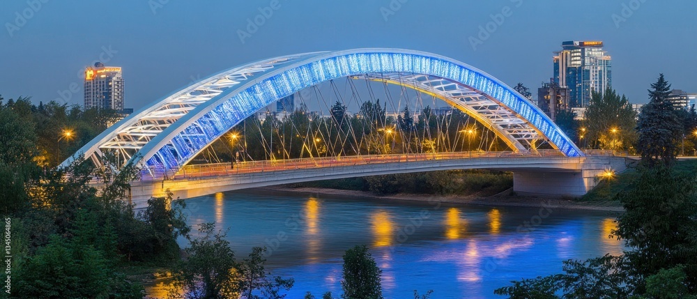 Fototapeta premium Illuminated Architectural Bridge Spanning a River at Dusk in the City