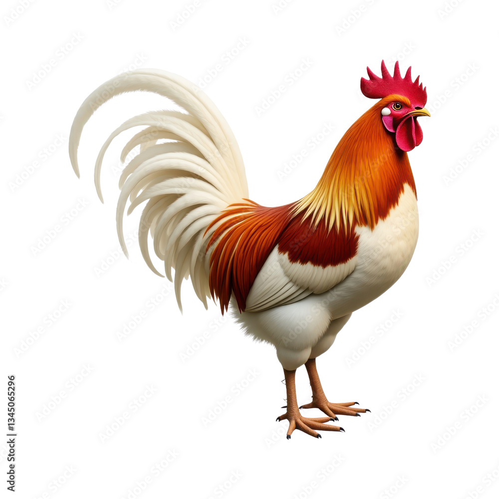 Fototapeta premium Rooster standing alone on a transparent background with colorful feathers and farm animal features