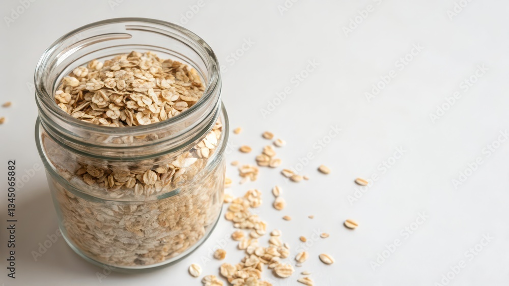 Rolled Oats in Glass Jar on White Background Rolled Oats in Glass Jar on White Background
