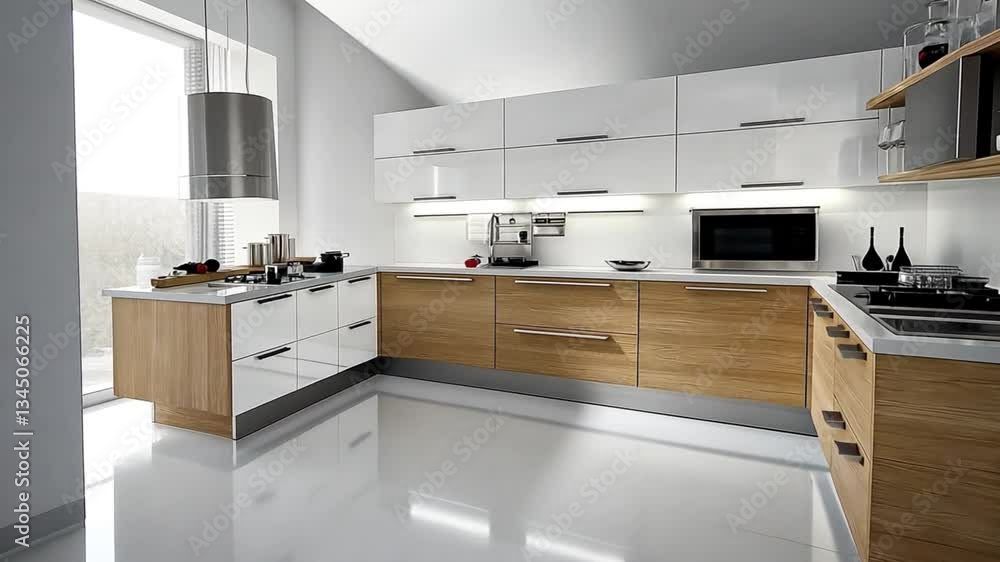 Modern U-Shaped Kitchen Design with White and Wood Cabinets Modern U-Shaped Kitchen Design with White and Wood Cabinets