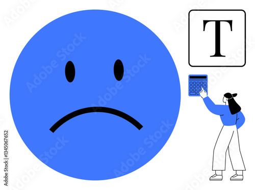 Blue sad face expressing concern or loss next to text block and woman with calculator analyzing data. Ideal for communication, problem-solving, emotions, analysis, education, finance, metaphor. Flat