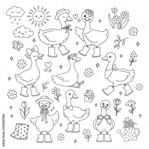 Silly Goose Vector, Daisy Flower, Spring Elements Coloring Page Line art Doodle Hand Drawn design
