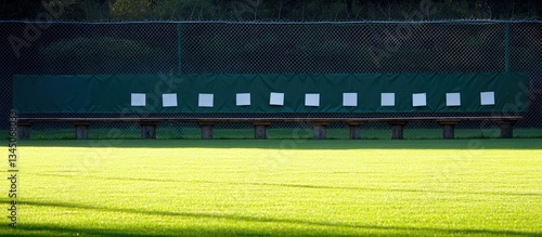 A long bench with targets on a green wall at a range