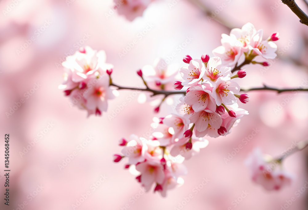 Soft pink Sakura flowers flutter gently, creating a beautiful display against a pastel backdrop during springtime's bloom.