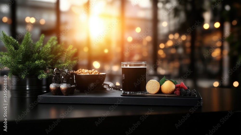 Modern cafe setting with dark drink and snacks Modern cafe setting with dark drink and snacks