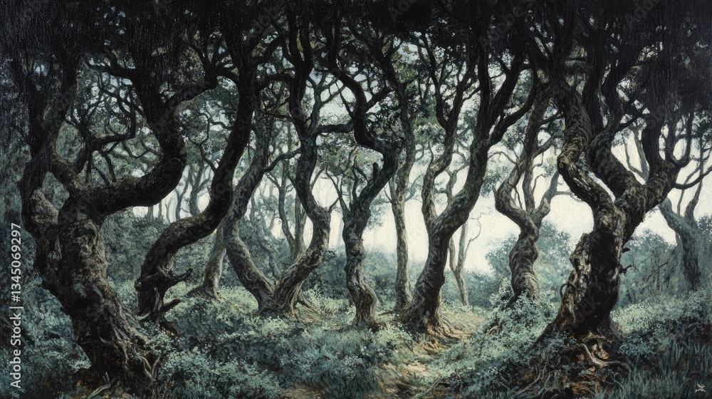 Twisted Trees in Mystical Forest with Soft Light Filtering Through Canopy of Leaves Twisted Trees in Mystical Forest with Soft Light Filtering Through Canopy of Leaves