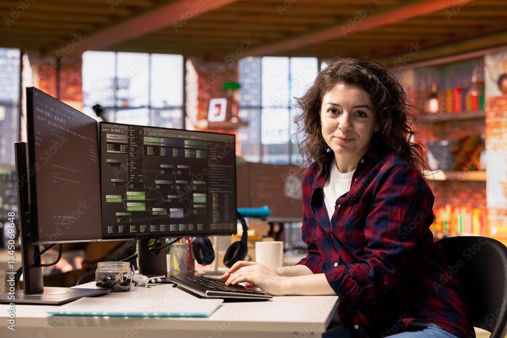 Portrait of smiling woman in startup office designing, coding and debugging applications in different software languages. Cheerful IT specialist doing code testing and quality assurance