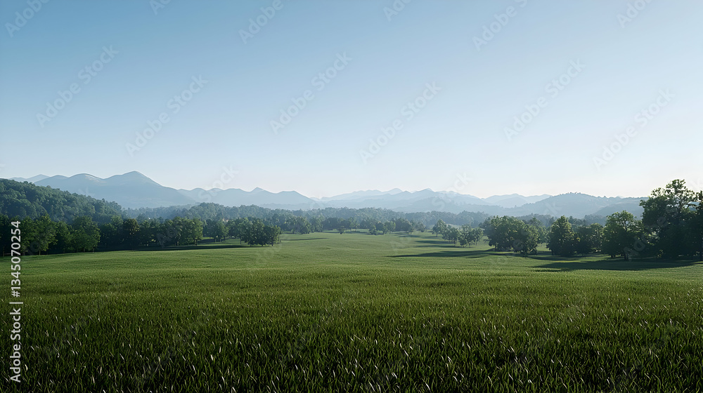 Expansive Green Field Under Clear Blue Sky with Lush Vegetation and Rolling Hills in the Distance Expansive Green Field Under Clear Blue Sky with Lush Vegetation and Rolling Hills in the Distance