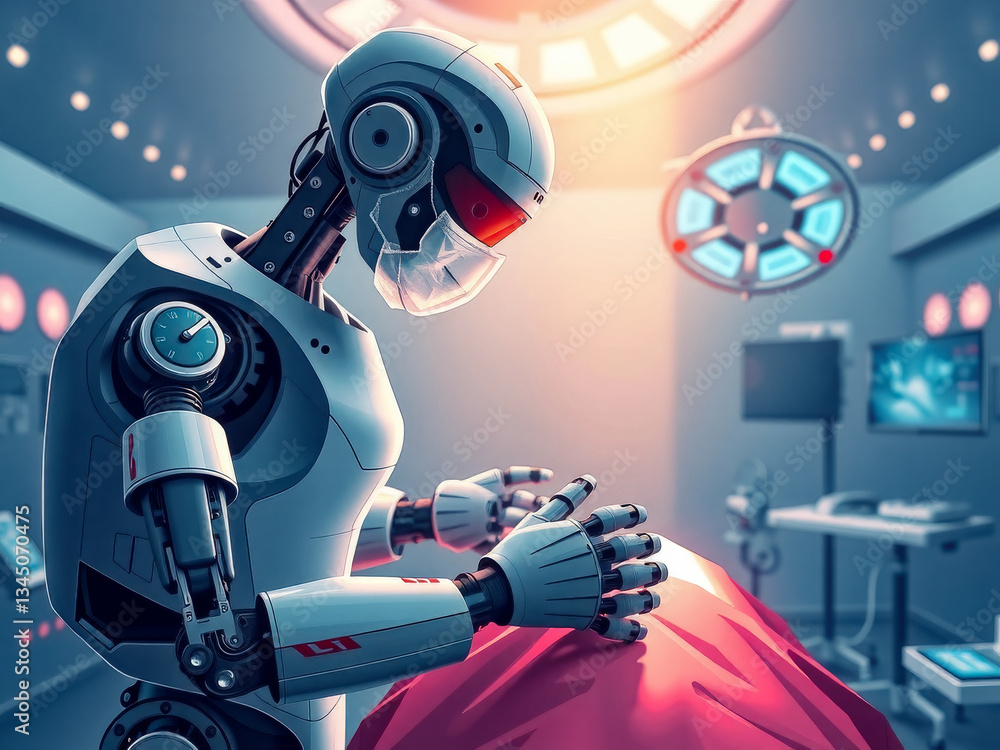 A robot is in a hospital room, preparing to perform a surgery. The robot is wearing a mask and he is focused on the task at hand. The room is filled with medical equipment, including a monitor