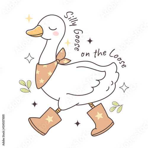 Spring Goose Design with Silly Goose on the Loose Trendy Boho Color Hand Drawn Design Vector