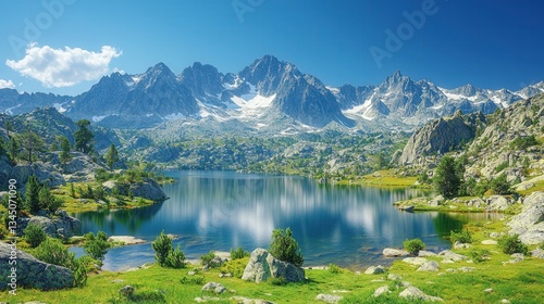 Fototapeta Naklejka Na Ścianę i Meble -  Mountain reflection in serene lake majestic landscape nature photography clear blue sky tranquil environment