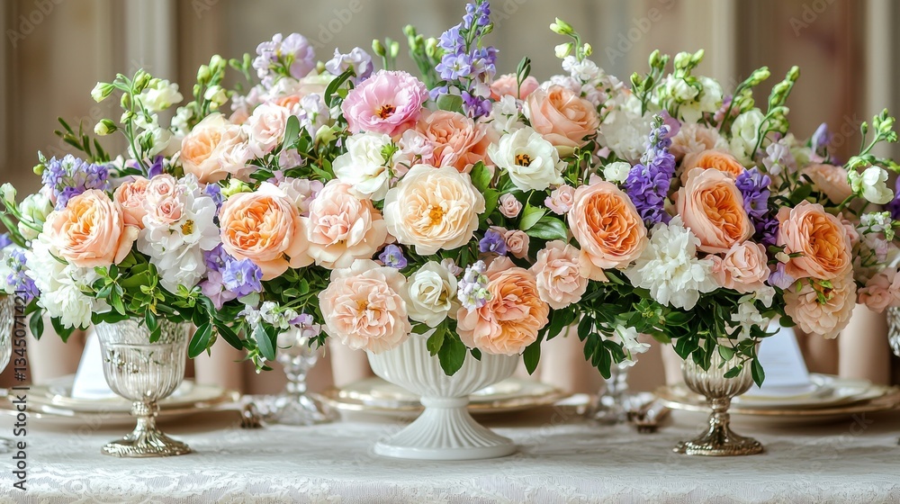 Elegant floral arrangements on a table Elegant floral arrangements on a table