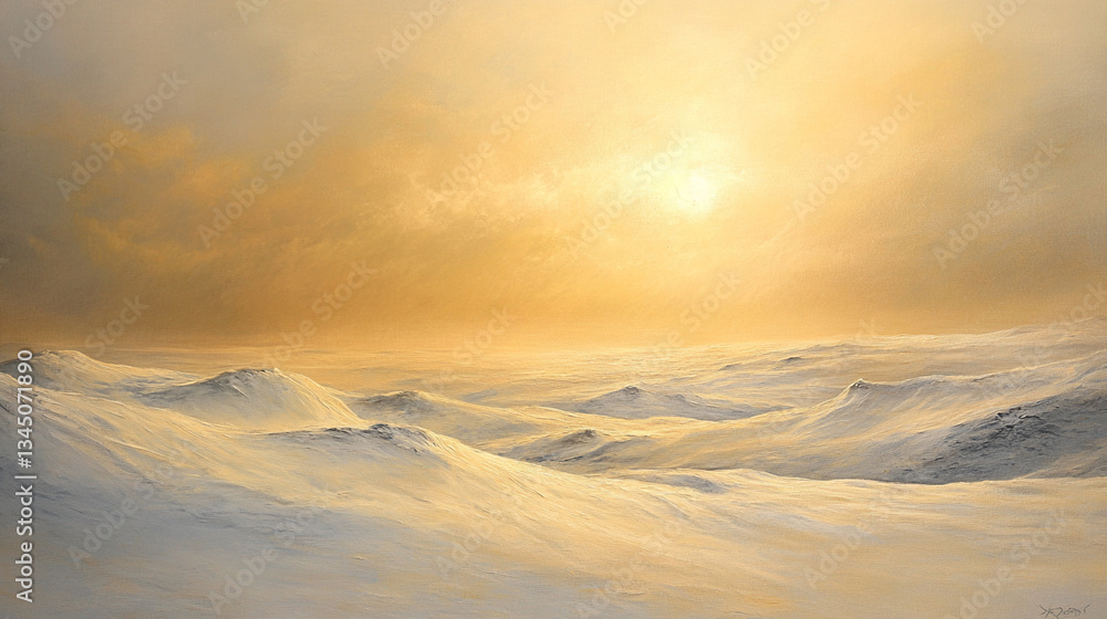 Serene winter landscape at sunset with soft snow-covered hills under a golden sky Serene winter landscape at sunset with soft snow-covered hills under a golden sky