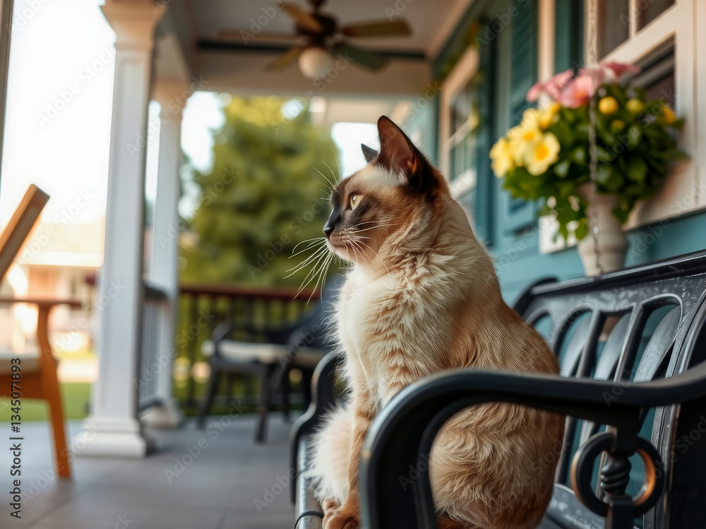 A cat is sitting on a bench outside. The cat is looking at something in the distance. The bench is empty