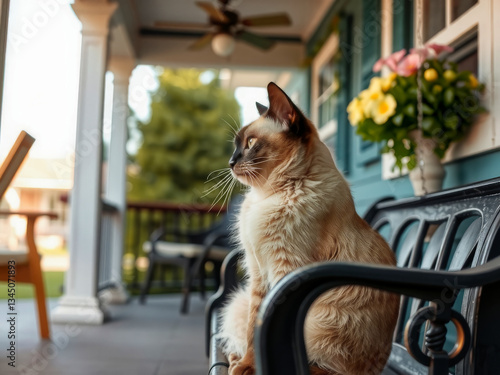 Obraz na płótnie A cat is sitting on a bench outside. The cat is looking at something in the distance. The bench is empty w salonie