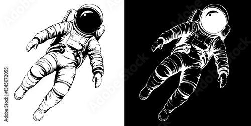 astronaut in a spacesuit is flying silhouette isolated on white and black background