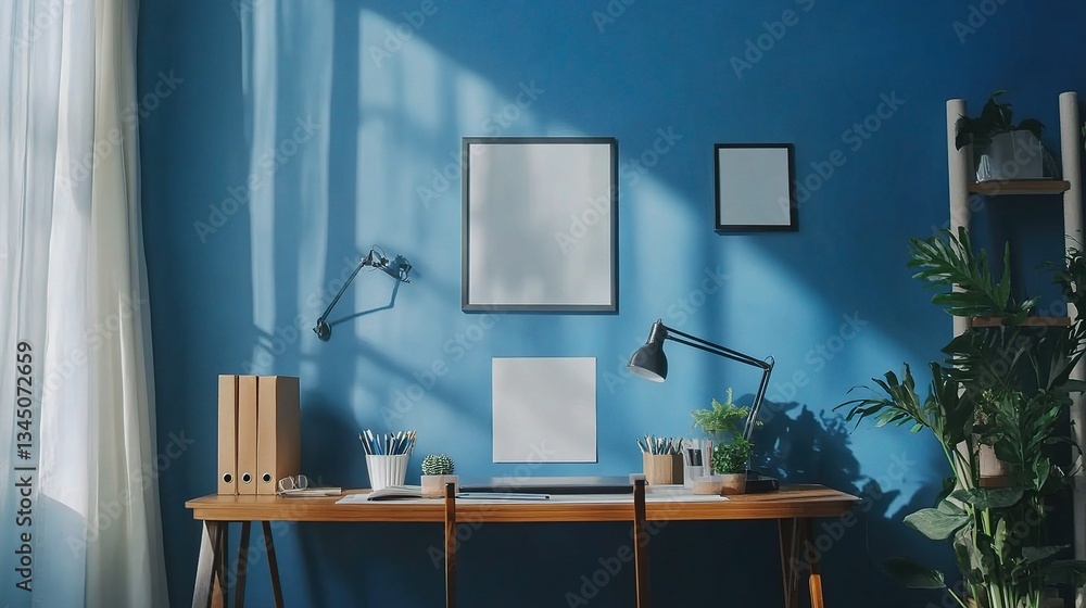 Cozy Home Office Desk Setup with Blue Wall and Green Plants Cozy Home Office Desk Setup with Blue Wall and Green Plants