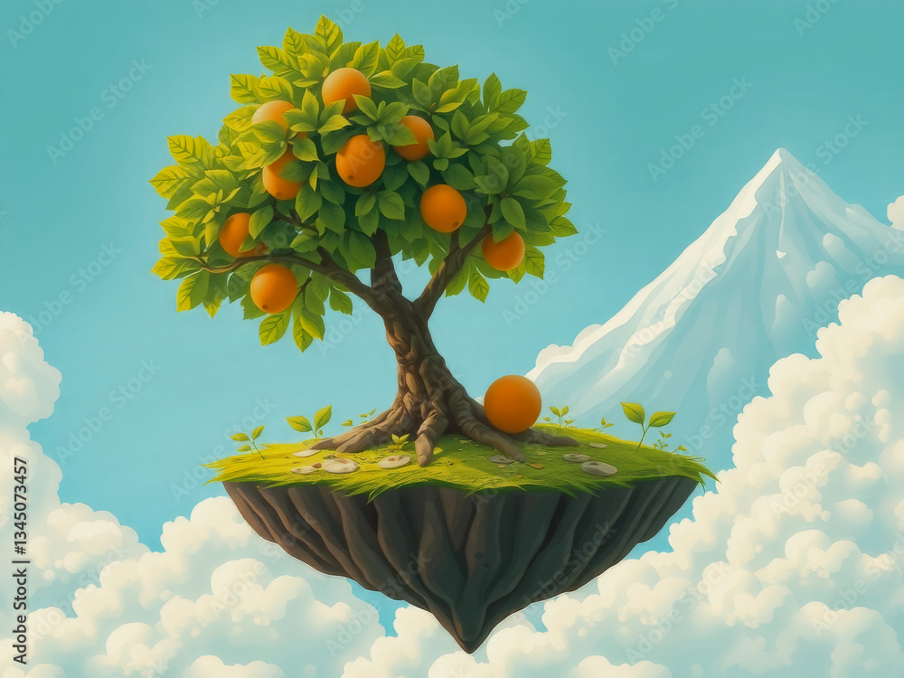 A tree with oranges on it is floating in the sky. The sky is blue and there are clouds