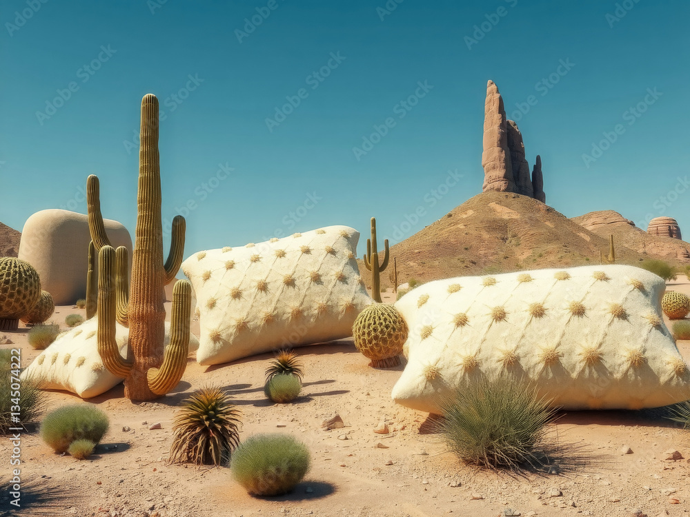 A desert scene with two pillows on the ground. The pillows are white and are placed in the middle of the desert. The desert is barren and dry, with only a few cacti scattered around