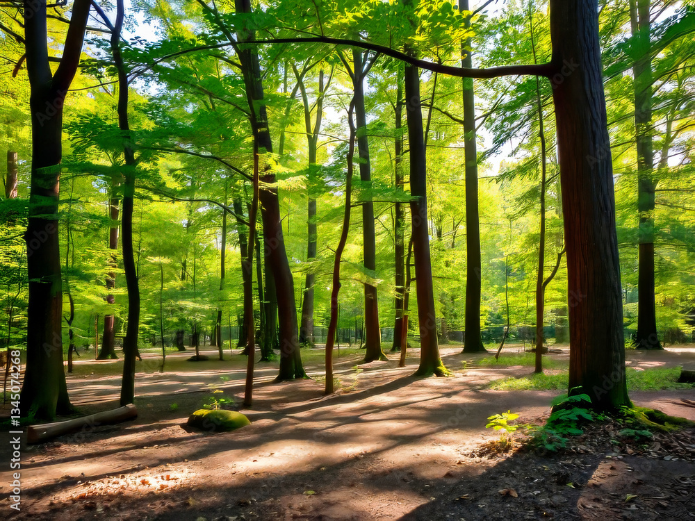 A forest with trees and a path. The sun is shining through the trees, creating a peaceful and serene atmosphere