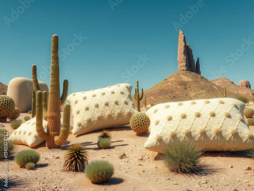 Obraz na płótnie A desert scene with two pillows on the ground. The pillows are white and are placed in the middle of the desert. The desert is barren and dry, with only a few cacti scattered around w salonie
