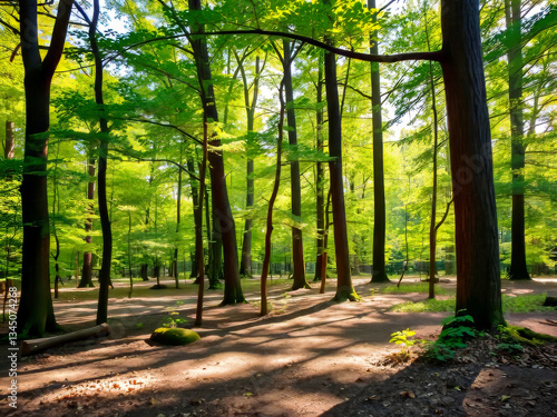 Obraz na płótnie A forest with trees and a path. The sun is shining through the trees, creating a peaceful and serene atmosphere w salonie