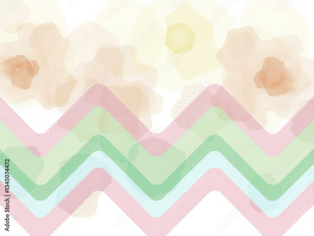 A colorful zigzag pattern with pink, green, and yellow stripes. The zigzag pattern is reminiscent of a flower, and the colors are bright and cheerful. Scene is playful and whimsical