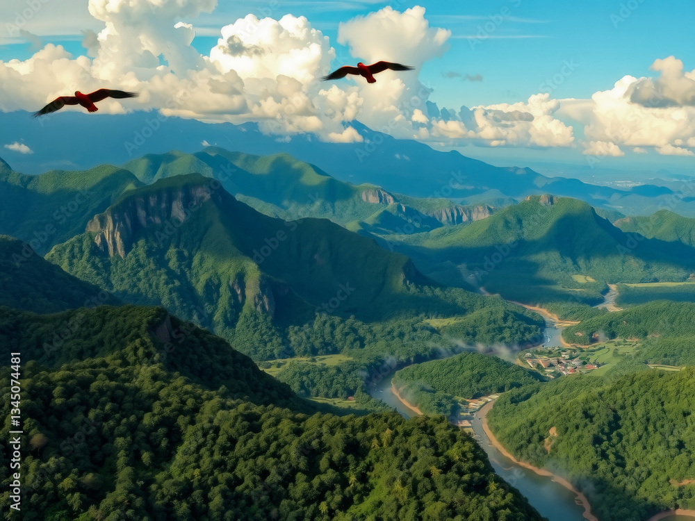 Two birds flying over a mountain range. The sky is blue and the mountains are green. The birds are in the foreground and the mountains are in the background