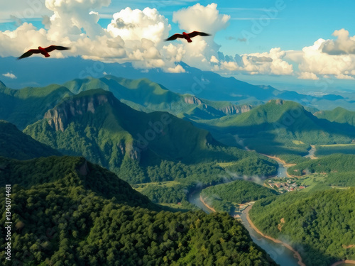 Obraz na płótnie Two birds flying over a mountain range. The sky is blue and the mountains are green. The birds are in the foreground and the mountains are in the background w salonie