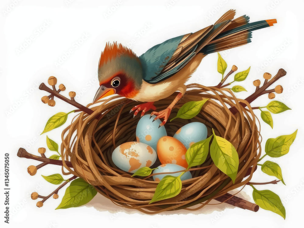 A bird is sitting on a nest with three eggs. The bird appears to be looking at the eggs, possibly preparing to lay more or protect them. The nest is surrounded by leaves and twigs, giving it a natural
